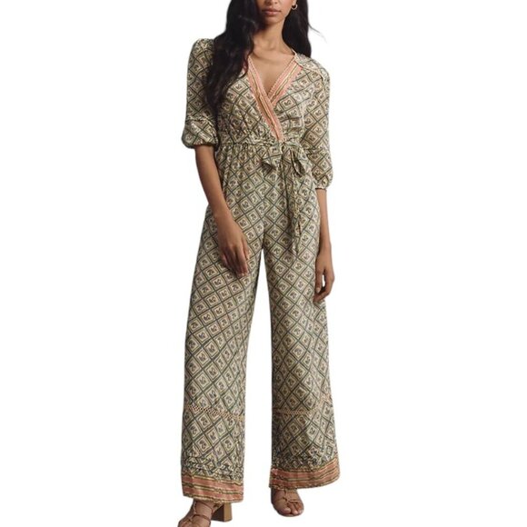 Farm Rio x Anthropologie V-Neck Wide Leg Mushroom Print Jumpsuit Size S, NWT - Picture 1 of 11